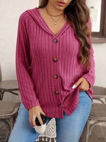 SHEIN LUNE Cárdigan con capucha acanalado de unicolor para mujer de talla grande - Rosa Fucsia - Ver 5