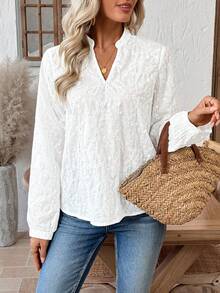 EMERY ROSE Women's Elegant White Floral Eyelet Blouse,V-Neck Raglan Long Sleeve Loose Shirt For Autumn Tea Party,Casual Boho Top Valentine's Day Tops - White - View 3