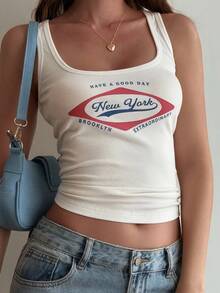 DAZY Teen GirlLetter Print Thick Strap Square Neck Sleeveless Tank Top - White - View 2