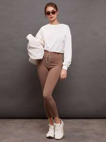 Activina Drop Shoulder Drawstring Hem Crop Sports Long Sleeve Pullover Crew Neck Women Sweatshirt