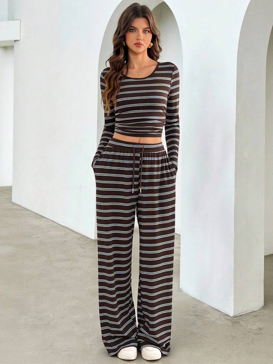SHEIN Tall 女士休闲条纹圆领长袖上衣和裤子两件套 - 彩色 - 查看 1