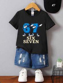 男童休闲时尚舒适简约创意“67”图案短袖T恤，适合男孩户外、运动和上学穿着，六七上衣 - 黑色 - 查看 4