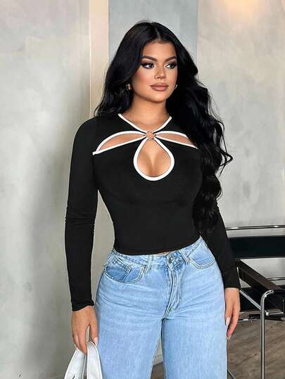 SHEIN SXY 大码女式休闲黑白撞色花卉镂空T恤