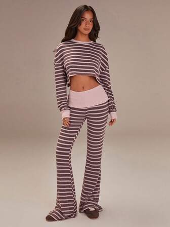Athîral Women's Casual Pink And Brown Striped Elastic Waist Flared Pants, Featuring A Spliced ​​Waistband Design, Slim Fit, Comfortable, Soft Knit Fabric,Summer Outfits For Women,Valentine Outfits For Women,Spring Break Outfits,Suitable For Lounging At Home Or Going Out