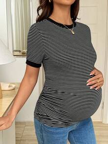 SHEIN 孕妇条纹圆领短袖休闲百搭T恤 - 黑色 - 查看 3