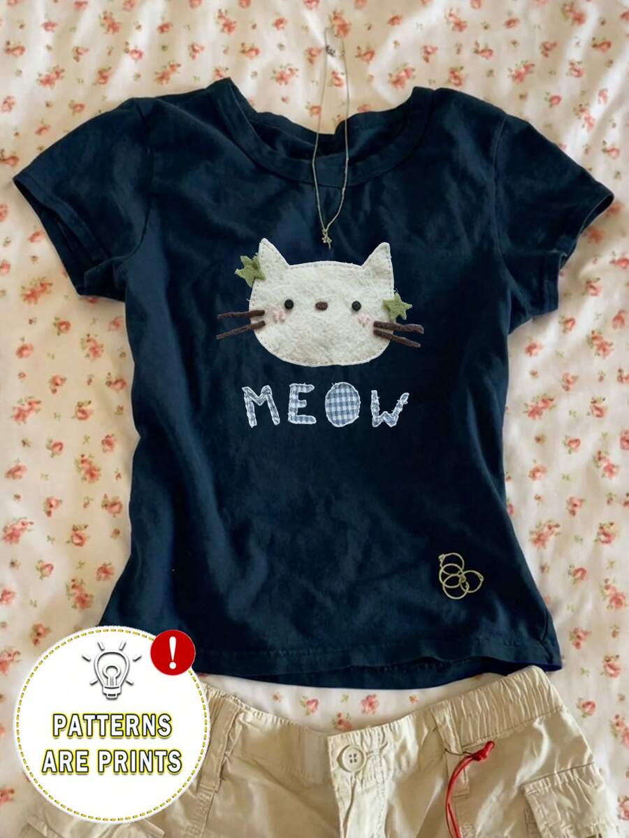 Glimmora Áo thun cổ tròn tay ngắn in chữ Slogan thời trang tối giản dành cho nữ, quà tặng bạn bè - Màu xanh hải quân - Xem 1