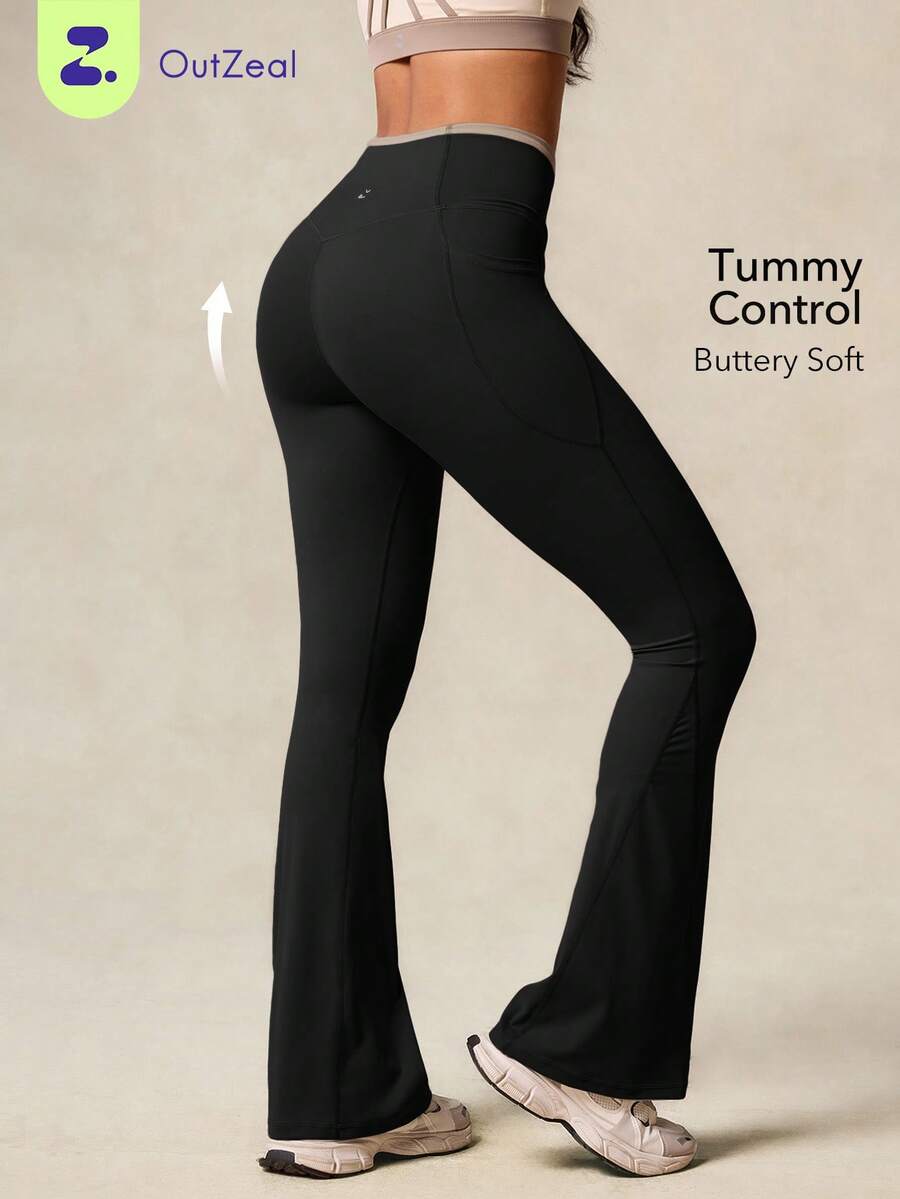 OutZeal Women Quick-Dry Moisture Wicking Crossover Waist Pocket Flared Sports Legging Daily Casual Yoga - Black - View 1