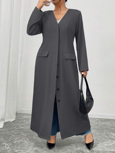 SHEIN Frenchy Plus Size Black Solid Color Casual Simple Long Jacket, Autumn/Winter, Coat Dress,