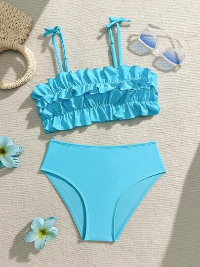 少女简约蓝色日常泳衣套装