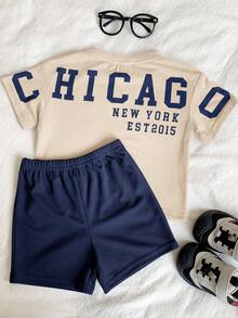 SHEIN Set de 2 piezas de top de manga corta con gráfico de letras y pantalones cortos de cintura elástica, estilo coreano casual y lindo para bebé niño en verano