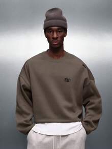 PLAYBOY X SUMWON Crop Fit Collaboration Crew Neck Pullover Sweatshirt With Chest Logo And Back Graphic Print Boxy Fit Long Sleeve - Khaki - View 4