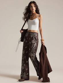 Easelle 休闲佩斯利印花厚面料长裤，秋冬款 - 咖啡棕 - 查看 4