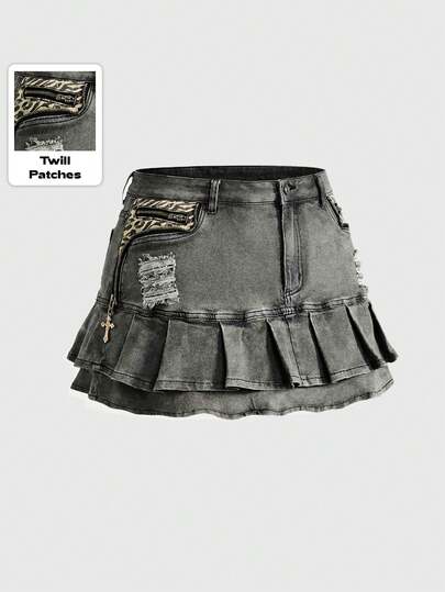 Grunge Punk Grunge-Punk Vintage Washed Zebra Print & Animal Print Patchwork Denim Mini Skirt, Plus Size Denim Skirt, Autumn/Winter Plus Size Denim Bottom