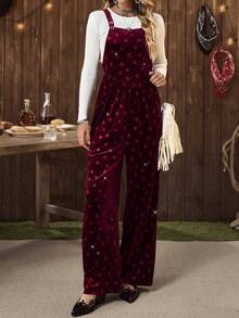 LanaWest Women's Western Casual Autumn/Winter Velvet Heart Embossed Glitter Fabric Party, Christmas, New Year Jumpsuit - Burgundy - View 4