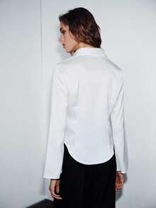 Lumivelle 1件纯色休闲前开襟优雅长款喇叭袖衬衫 白色女式衬衫 办公室衬衫 正式衬衫 女士白色衬衫 - 白色 - 查看 2