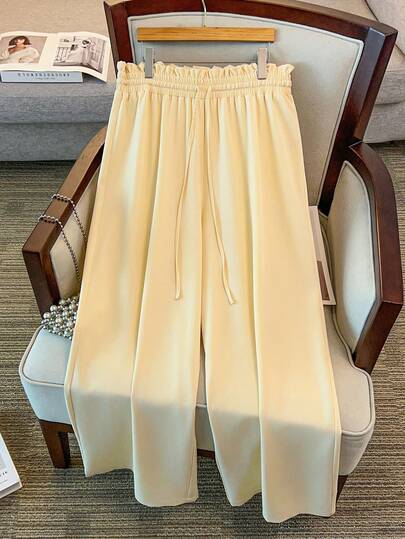 SHEIN LUNE Plus Size Women's Solid Color Casual Loose Straight Pants, Frill Waistband With Bow Tie, Suitable For Daily Wear, Commuting, And Dates