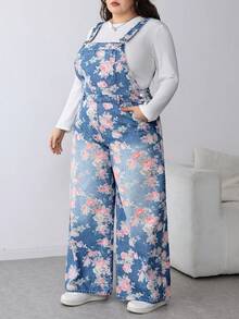 SHEIN CURVE+ Áo liền quần yếm dáng rộng in hoa, có túi, đa năng, thích hợp cho mùa xuân hè, ngày lễ tình nhân, lễ hội, đi làm, nghỉ mát, tốt nghiệp, phong cách Y2K, dễ thương, thời trang đường phố, dự tiệc, đám cưới, thanh lịch, công sở, thường ngày, dành cho phụ nữ có thân hình đầy đặn. Áo liền quần denim dáng rộng in hoa có túi dành cho nữ. - Màu xanh lam - Xem 3