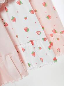 女童时尚可爱草莓印花莲花荷叶边长袖长款睡裙 - 彩色 - 查看 7