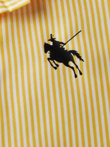 欧美风女童黄色条纹短袖衬衫，2025 夏季新款，学院风 Polo 领上衣，复古时尚，修身显瘦的短袖衬衫，适合年轻女孩。