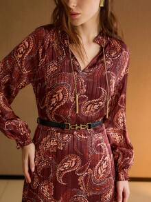 MOTF PREMIUM PAISLEY PRINT FRILL NOTCH NECK CHAIN DETAIL LANTERN SLEEVE PLISSE LONG DRESS - Red - View 5