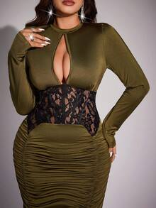 Viva Relle Robe moulante mini à manches longues en dentelle ajourée, coupe slim, rouge, convient pour les fêtes de Noël - Vert - Voir 2