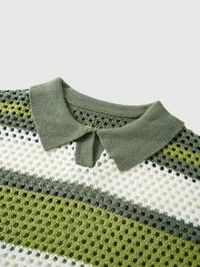 ROMWE MEN Essentials 撞色条纹印花休闲百搭短袖针织上衣 - 綠色 - 查看 3