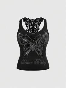ROMWE Fairycore Camiseta sin espalda de encaje con decoración de mariposa y strass, versátil, para mujer de talla grande - Negro - Ver 1