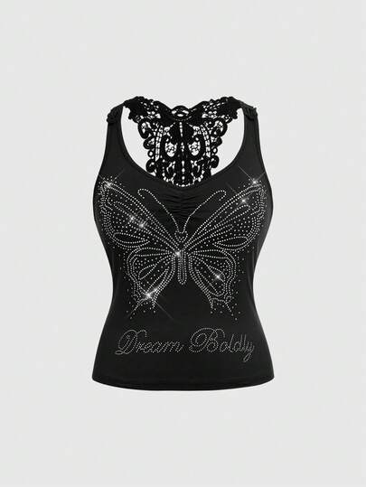 ROMWE Fairycore Plus Size Women Sexy Lace Backless Butterfly Rhinestone Decor Versatile Camisole