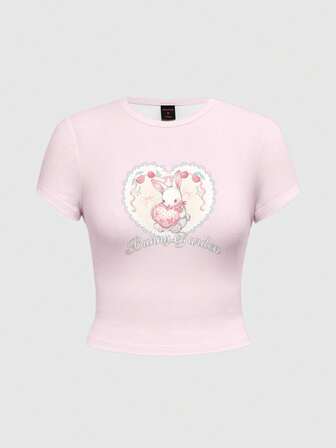 Kawaii Mignon T-shirt court à manches courtes pour femmes avec imprimé lapin en forme de cœur en dentelle, style innocent et sexy pour le collège