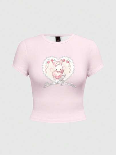 Kawaii Cute Lace Heart Rabbit Print Innocent College Style Sexy Women Short Sleeve T-Shirt