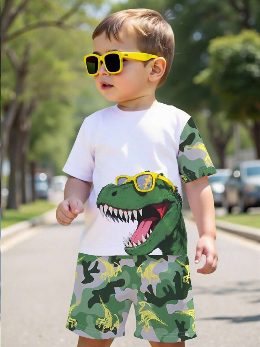 1 Set Tinuta Stilul Cool pentru Copil: Tricou Cu Ochelari De Soare Dino Print, Pantaloni scurți Camo Dinozaur Skeleton Print. Îmbrăcăminte casual zilnică și școlară, potrivită pentru primăvară/vară - Multicolor - Vizualizare 1