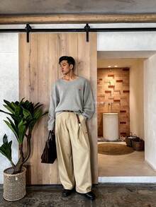 Manfinity BRENVOR Men's Oversized Crew Neck Drop Shoulder Long Sleeve Loose Pullover Waffle Knit Sweater, For Spring - Grey - View 7