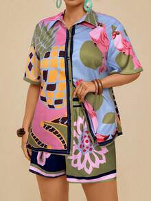 Travachic 大码女式热带水果植物印花不对称短袖衬衫上衣+沙滩短裤两件套，休闲度假 - 淺粉色 - 查看 6