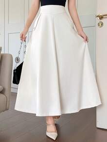 DAZY Falda maxi plisada de cintura alta con bolsillos de unicolor para mujer - Beis - Ver 7
