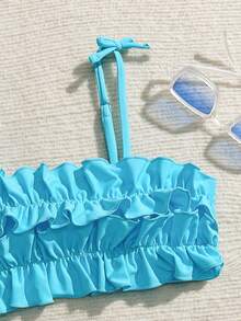 SHEIN Tween Girl Simple Blue Daily Swimwear Set Bathing Suits For Tweens Bathing Suits For Girls Bikini Sets For Bathing Suits For Teens Summer Beach Wear For Girls Bikini For Tween Girls Tween Girl Beach Outfits Bikinis For Tweens Ruffle Strap Bikini Sets For Girls For Girls Bathing Suits For Girls Teens - Blue - View 3