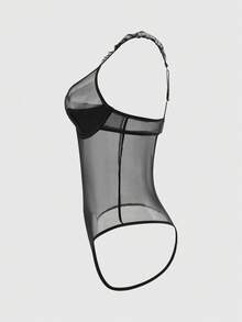 Women's Solid Color Mesh Ruffled Sheer Sexy Jumpsuit - Black - View 8