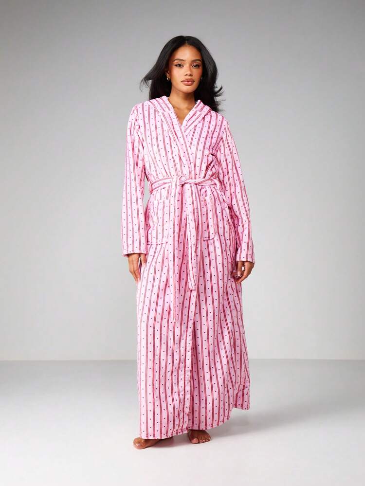 MISSGUIDED Long Sleeve Heart Striped Hooded Robe With Belt Tie Closure Maxi Length Loungewear