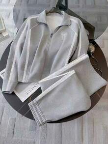 Franclia Plus Size Fitted Stand Collar Raglan Sleeve Cardigan + Slant Pocket Straight Leg Pants - Grey - View 1