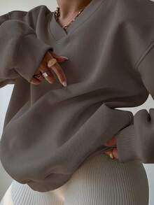 EMERY ROSE Plus Size Solid Color V-Neck Casual Pullover Sweatshirt - Brown - View 5