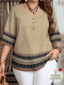 EMERY ROSE Plus Size Women V-Neck Striped Casual Versatile Commute Vacation Long Sleeve Shirt Spring - Apricot - View 1