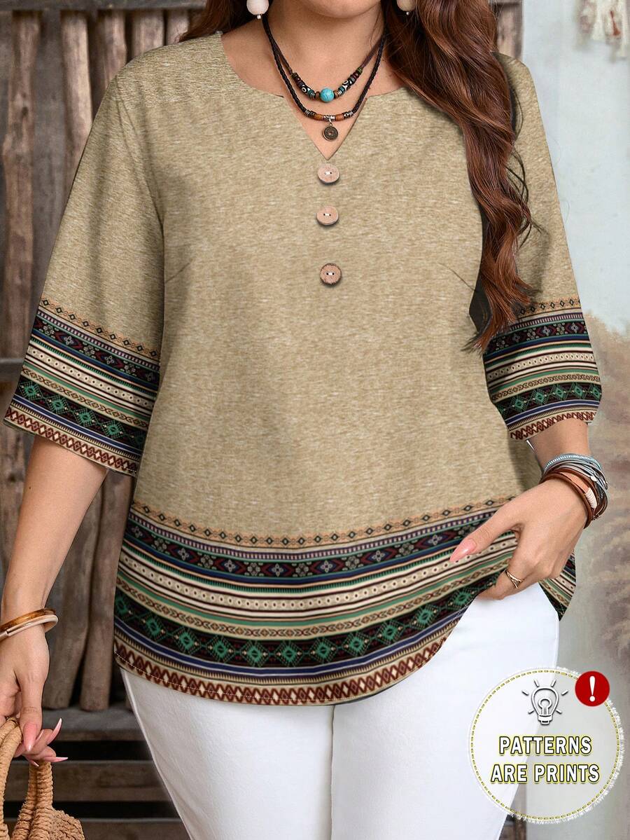 EMERY ROSE Plus Size Women V-Neck Striped Casual Versatile Commute Vacation Long Sleeve Shirt Spring - Apricot - View 1