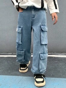 Zikori Little Byeori Quần jeans cargo ống đứng rộng màu đen phong cách Y2K cho bé trai, thích hợp mặc hàng ngày, dự lễ hội âm nhạc mùa xuân hè và dạo phố. - Màu xanh lam - Xem 3