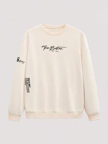 Open Phase 男士休闲印花圆领套头卫衣，街头时尚，春秋季 - 杏色 - 查看 1