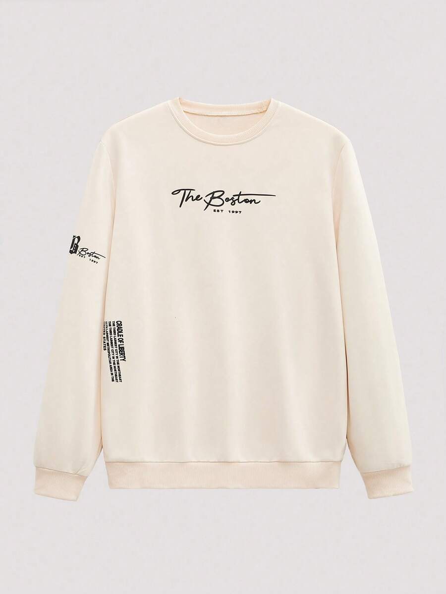 Open Phase 男士休闲印花圆领套头卫衣，街头时尚，春秋季 - 杏色 - 查看 1