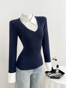 Flirla Women's Casual Fitted Knit Striped Shirt - Navy Blue - View 3