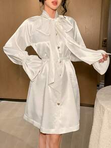 DAZY Elegant Solid Color Shirt Dress With Loose Tie Collar For Women - White - View 4