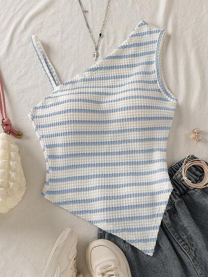 Camiseta informal personalizada para adolescentes, de tela negra y blanca, con diseño de tirantes asimétricos, adecuada para viajes, vacaciones, caminatas, salidas, se puede combinar con pantalones, shorts, faldas, chaquetas