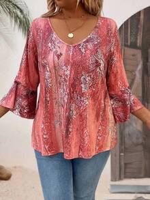 Áo thun nữ cổ tròn tay 3/4 in họa tiết kỹ thuật số thường ngày cỡ lớn dành cho nữ - Gỗ đỏ - Xem 4