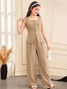 SHEIN Tween Girl Casual Elegant Commute Street Chic Jacquard Striped Button Front Sleeveless Top And Straight Leg Pants Set Suitable For All Seasons - Spring, Summer, Autumn, Winter - Multicolor - View 7