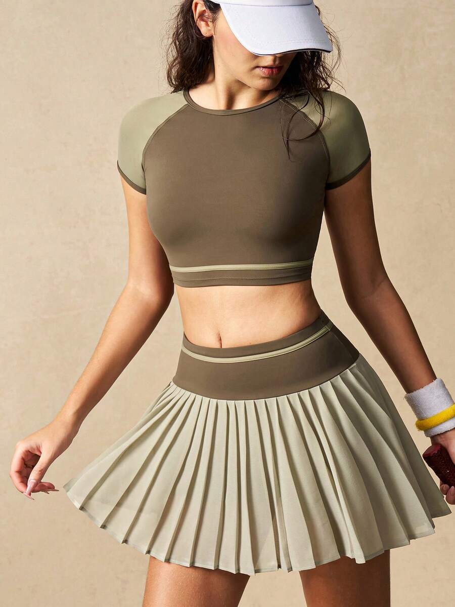 VARSIVA Women's Dark Green Color-Blocked Crew Neck Raglan Short-Sleeve T-Shirt And High-Waisted Color-Blocked Built-In Shorts With Pockets Plump Skirt Casual Tennis Suit.